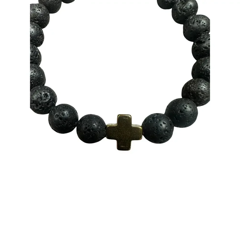 Andrew Christian Gold Cross Black Bead Stretch Bracelet — OS